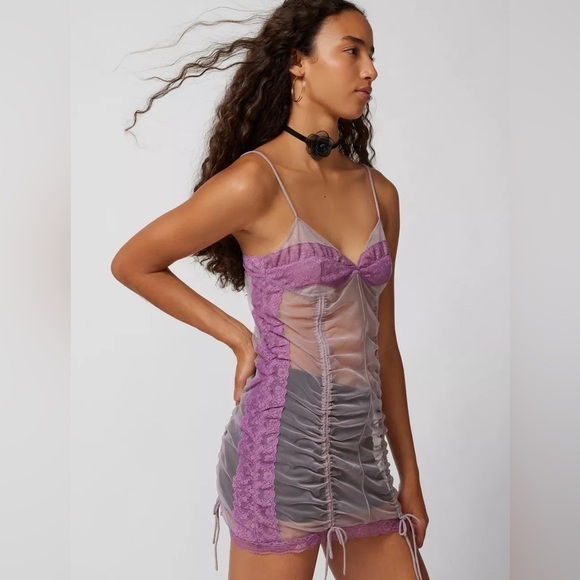 Urban Outfitters UO Marina Sheer Ruched Monochromatic Purple Mini Dress M NWT - Picture 4 of 16